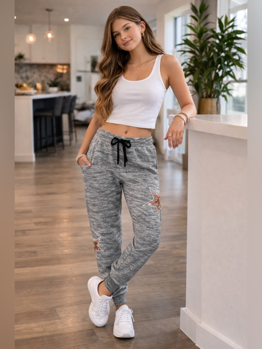 PINK VS‎ Gray Sequin Star Joggers XS Petite Y2K Cozy Sweatpants